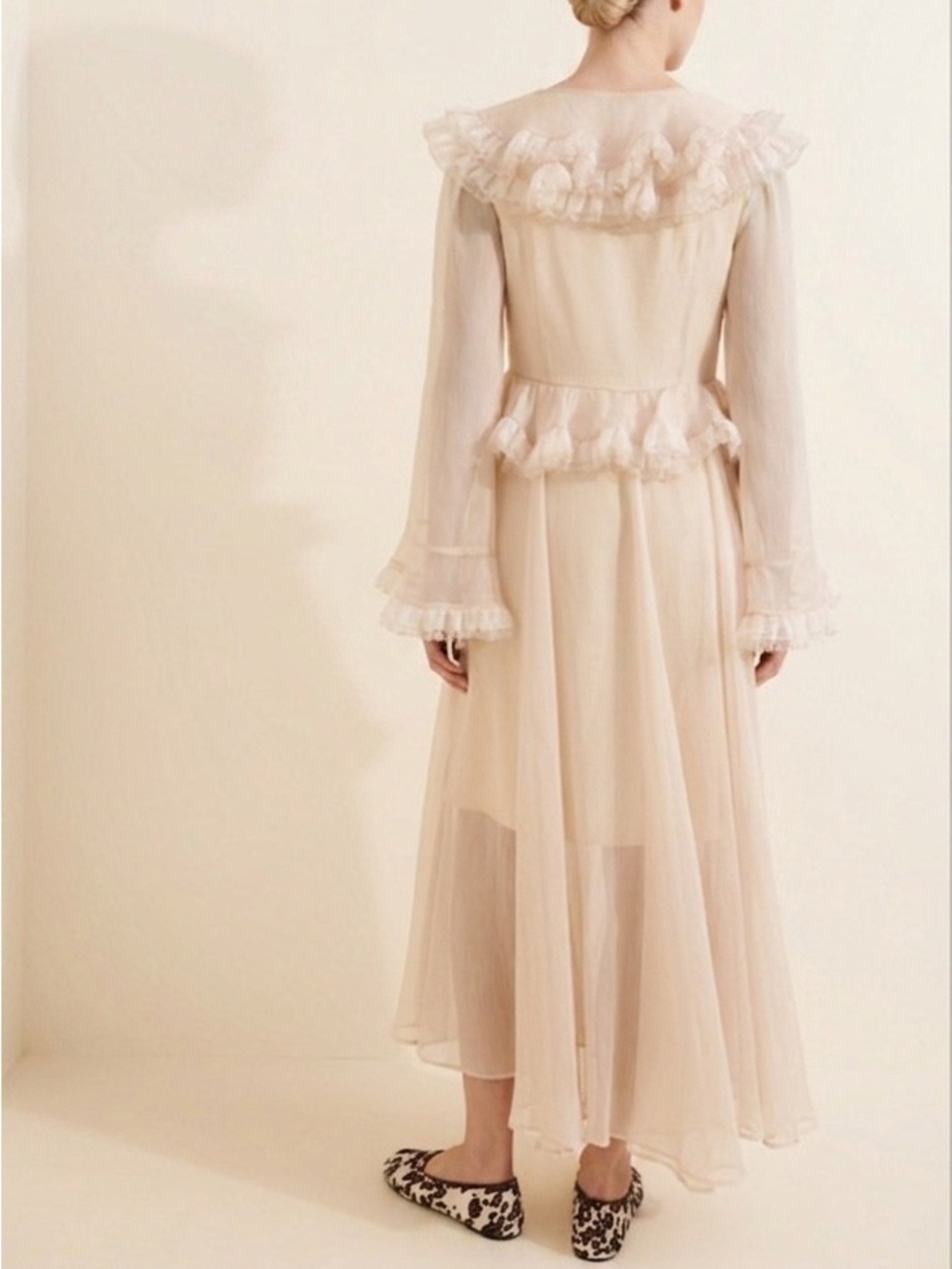 CeliaB Bliss Ruffle Detail Midi Dress Beige Elegant Cottagecore Romantic XL - Picture 6 of 17